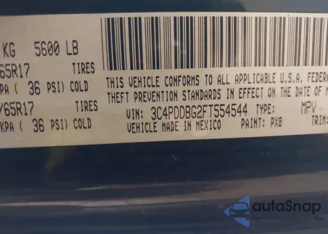 2015 Dodge Journey Sxt из США, поврежденный, VIN 3C4PDDBG2FT554544